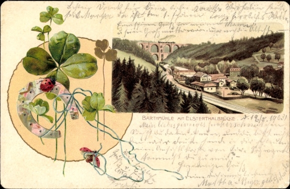 Reliëf Litho Barthmühle Pöhl Vogtland, Barthmühle, Elstertalbrücke, lieveheersbeestje, hoefijzer, klaverblad