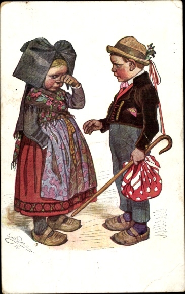 Artist PC Beithan, Emil, couple in Alsatian folk costumes, crying woman