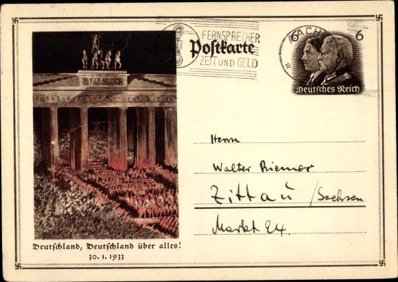 Ganzsachen Ak Berlin, Deutschland über alles, Aufmarsch 30.01.1933, Brandenburger Tor