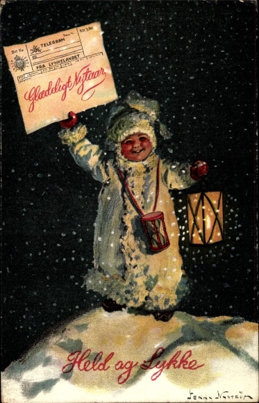 Artist PC Nyström, J., Happy New Year, child with telegram, hand lantern