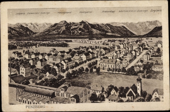Postcard Penzberg in Oberbayern, total view with Jochberg and Karwendel mountains