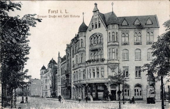 Postcard Forst in the Lausitz, Sorauer Straße, Café Victoria