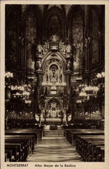 Ak Montserrat Katalonien, Altar Mayor de la Basílica, Innenansicht, Kirchenbänke, Beleuchtung