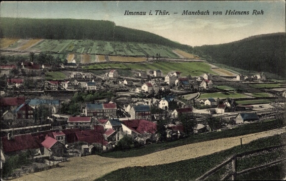 Ak Manebach Ilmenau in Thüringen, berglandschap, uitzicht op huizen, Manebach vanaf Helenens Ruh