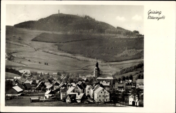 Postcard Geising Altenberg in the Ore Mountains, village view, church, mountains, historical architecture, post office...
