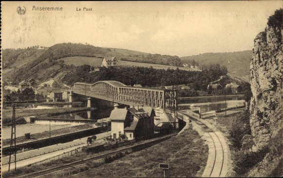 Postcard Anseremme Wallonia Namur, railway bridge, railway tracks