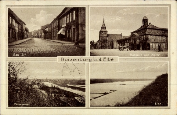Postcard Boizenburg an der Elbe, town hall, church, Baustraße, Elbe, panorama of the town