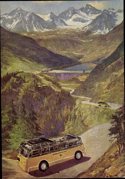 Kunstenaar Ak Per postbus over de Silvretta Hochalpenstraße, Oostenrijkse Post