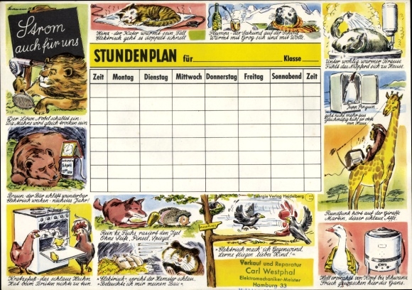 Timetable, electricity for us too, animals with electrical devices, lion with a hair dryer around 1960