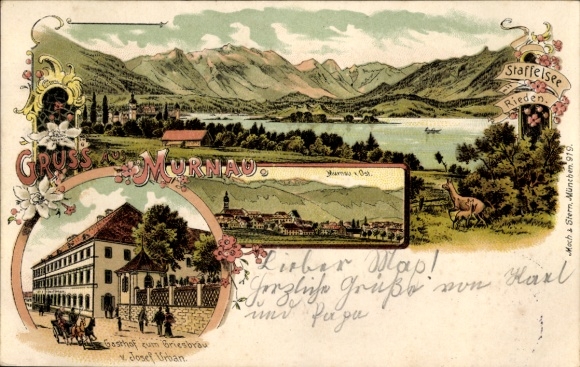 Chromo-Litho Murnau am Staffelsee, general view, vineyards, Gasthof zum Griesbräu, owner Josef Urban