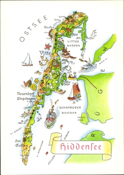 Landkarten Ak Insel Hiddensee Ostsee, Vitte, Neuendorf, Plogshagen, Neuendorf, Bodden, Kloster