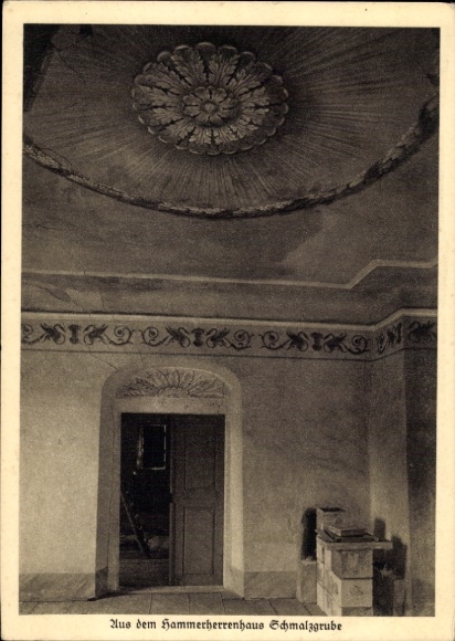 Ak Schmalzgrube Jöhstadt im Erzgebirge Sachsen, Innenansicht des Hammerherrenhauses, ornate Decke