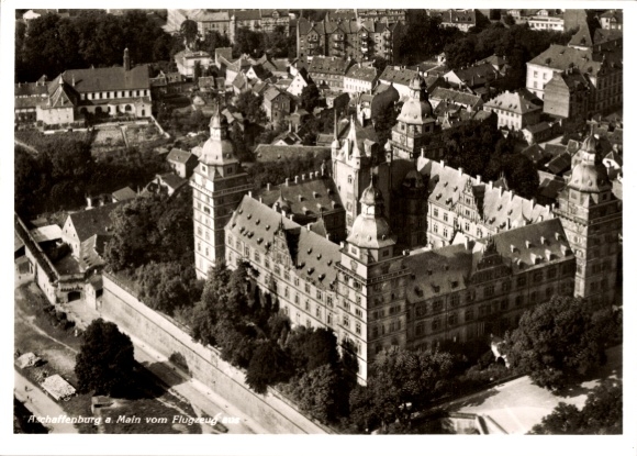Postcard Aschaffenburg in Lower Franconia, aerial photograph, buildings with towers, city view