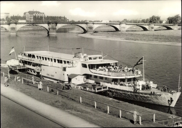 Postcard Dresden, White Fleet, steamer Karl Marx at the pier, Elbe, bridge