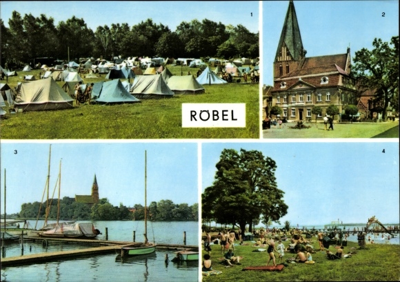 Postcard Röbel an der Müritz, campsite, town hall, bathing establishment