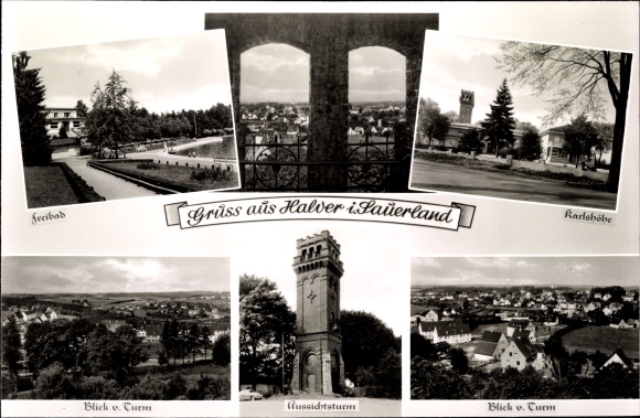 Ak Halver in Westfalen, zwembad, Karlshöhe, uitkijktoren