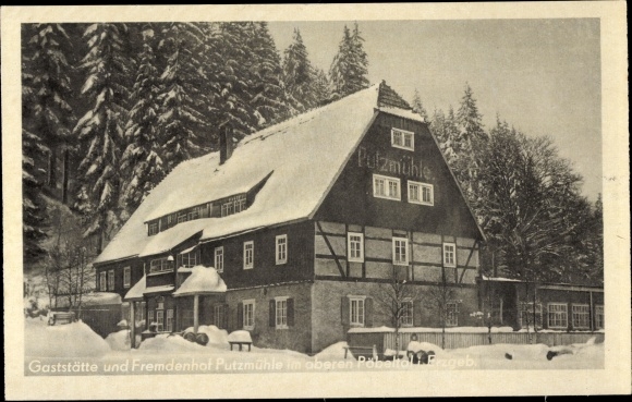 Postcard Oberpöbel Dippoldiswalde in the Eastern Ore Mountains, restaurant Putzmühle, owner Karl Thömel, winter