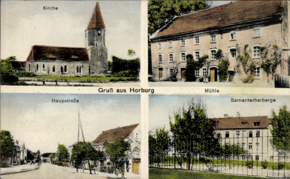 Ak Horburg Maßlau Leuna an der Saale, Kirche, Mühle, Samariterherberge, Hauptstraße