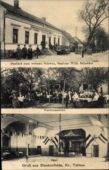 Ansichtkaart Blankenfelde in Brandenburg, Gasthof zum Weißen Schwan, uitzicht op de tuin, hal