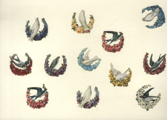 12 wafers doves and swallows in flower wreaths, each approx. 4 x 4 cm