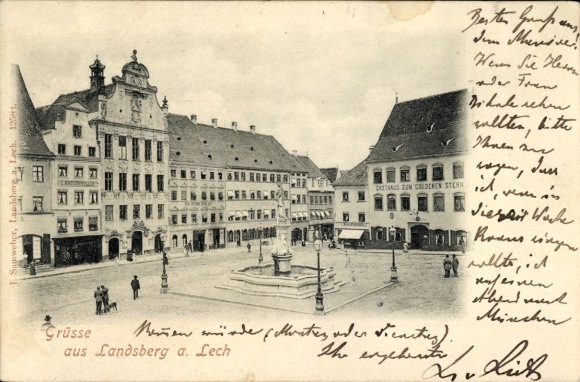 Postcard Landsberg am Lech Upper Bavaria, town square, fountain