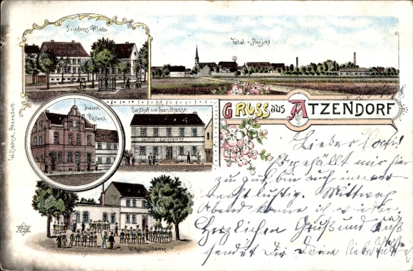 Chromo-Litho Atzendorf Staßfurt in the Salzlandkreis, Friedensplatz, inn, post office, general view