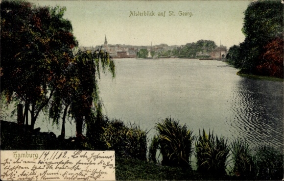 Postcard Hamburg Mitte St. Georg, Alster view, St. Georg, tranquil water landscape, trees, city view
