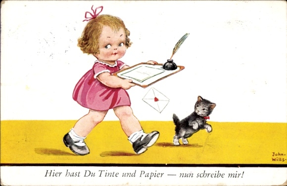 Artist Postcard Wills, John, Here you have ink and paper now write to me, Girl with cat, Letter