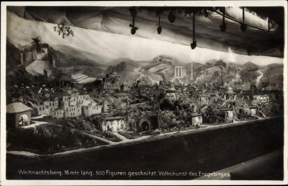 Postcard Schneeberg in the Erzgebirge, Christmas mountain, 500 carved figures, folk art