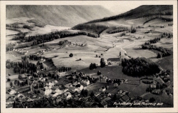 Ruhpolding in Upper Bavaria, aerial view of mountains, fields, houses, landscape