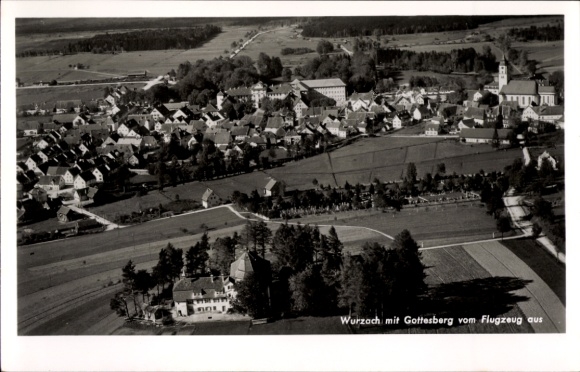 Postcard Bad Wurzach in Upper Swabia, aerial view of Gottesberg, village houses, fields, sky