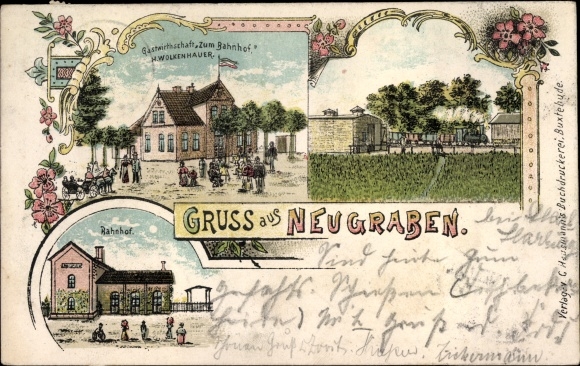 Chromo-Litho Hamburg Harburg Neugraben, restaurant to the train station, train station