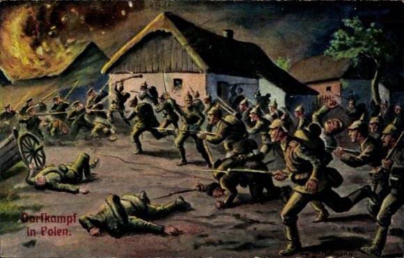 Picture village battle in Poland, soldiers, burning house, WWI