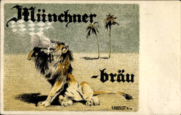 Kunstenaar Ak Olshausen Schönberger, K., Brouwerij München, Dorstige Leeuw, Woestijn, Reclame