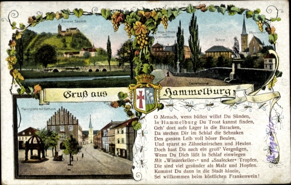 Postcard Hammelburg in Lower Franconia Bavaria, Saaleck Castle, school, parish church, market square, coat of arms