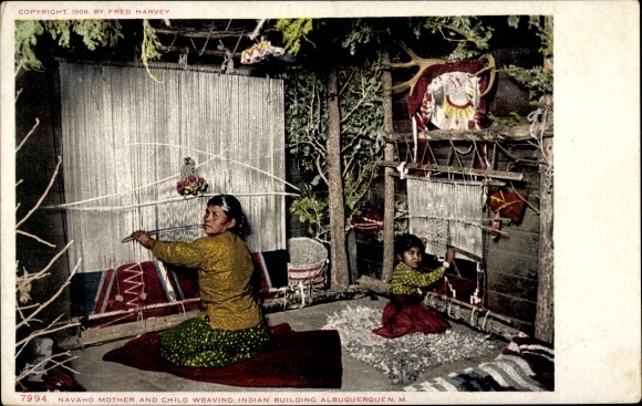 Postcard North American Folk Types, Woman and Child Weaving Carpets