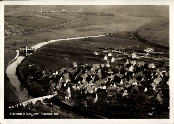 Postcard Siglingen Neudenau an der Jagst, aerial view of river and bridge visible, views of houses