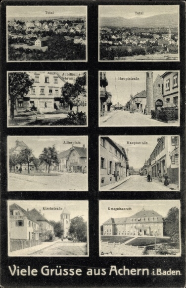 Postcard Achern in Baden Black Forest, war hospital, Kirchstrasse, Adlerplatz, main street