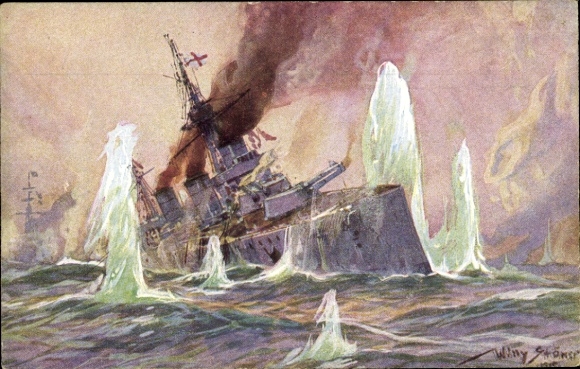 Artist Postcard Stöwer, Willy, Naval Battle North Sea 1915, English Battlecruiser, German Cruisers