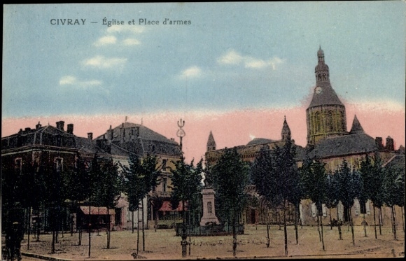 Postcard Civray Cher, church and square, trees, buildings, clock tower