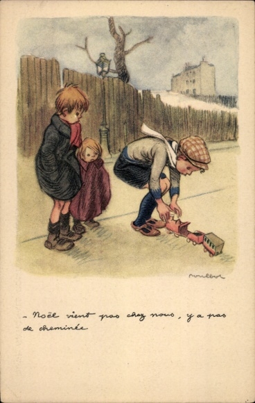 Artist PC Poulbot, Francisque, boys with toy train, Ligue Nationale contre le Taudis