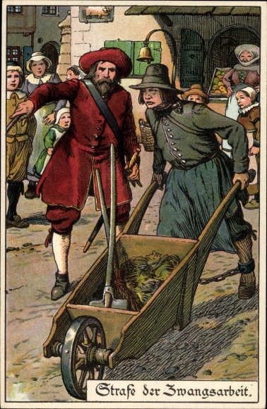 Artist Chromo-Litho Jodolfi, punishment of forced labour, convicted criminal with wheelbarrow, bell of shame