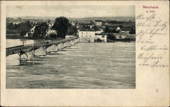 Postcard Neuhaus am Inn Lower Bavaria, bridge, flood