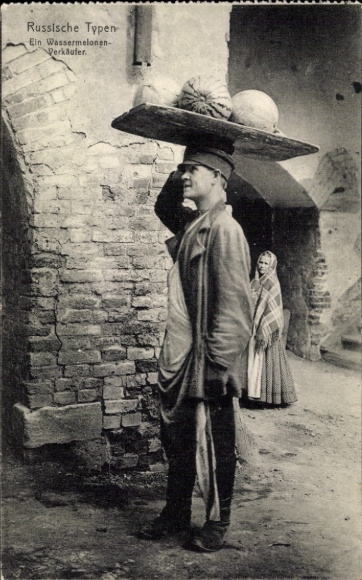 Ak-Russische jongens, watermeloenverkopers, straatverkopers