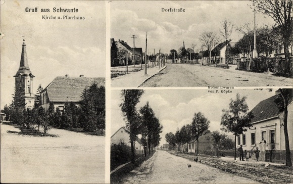 Postcard Schwante Oberkrämer in the Mark Havelland, church, rectory, village street, shop