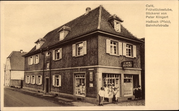 Ak Hassloch in de Saar-Palts, café, bakkerij, Bahnhofstrasse
