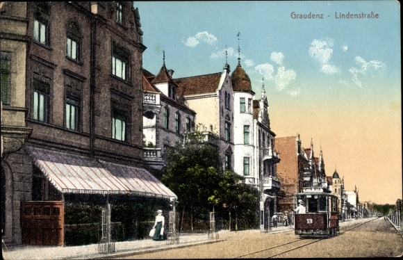 Postcard Grudziądz Graudenz West Prussia, Lindenstraße with tram
