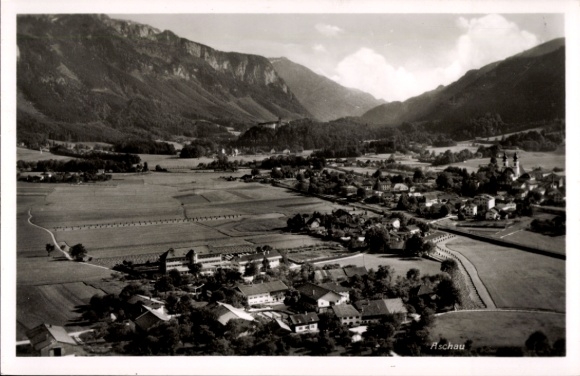 Postcard Aschau im Chiemgau Upper Bavaria, landscape view, mountains, fields, small village, Black Forest