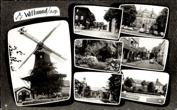 Postcard Wittmund in Lower Saxony, windmill, church, district office, vocational school, city park