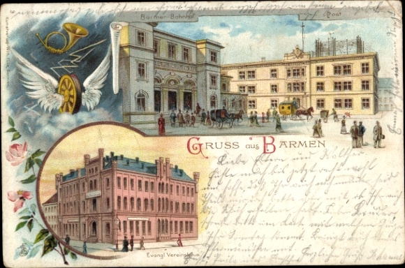 Chromo-Litho Barmen Wuppertal, train station, post office, evangelical clubhouse, Horn